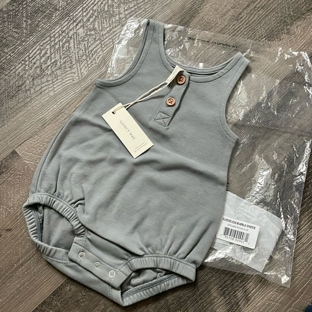 NWT Quincy Mae Sleeveless Bubble Onesie Ocean 0-3 Months Baby Boy Girl NEW